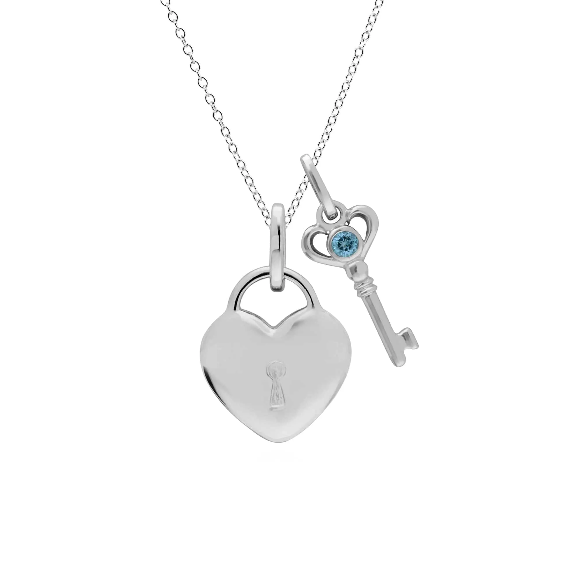 Classic Heart Lock Pendant & Blue Topaz Key Charm in 925 Sterling Silver sold by Gemondo Jewellery