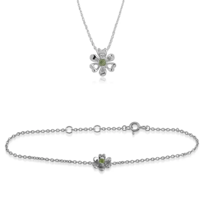 Floral Round Peridot Daisy Flower Pendant & Bracelet Set in 925 Sterling Silver sold by Gemondo Jewellery