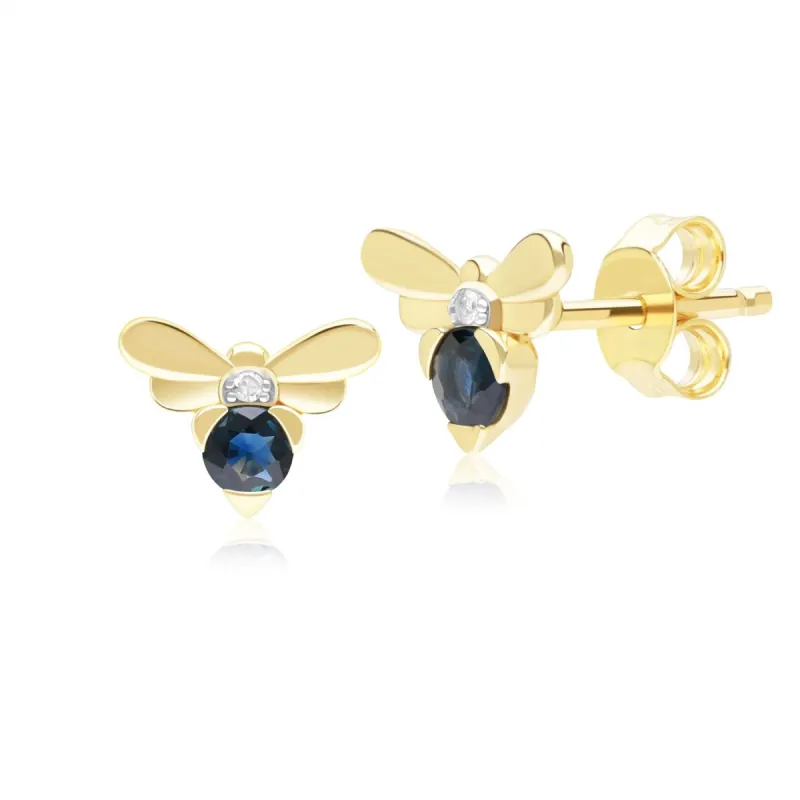Honeycomb Inspired Blue Sapphire and Diamond Bee Stud Earrings in 9ct Yellow Gold sold by Gemondo Jewellery