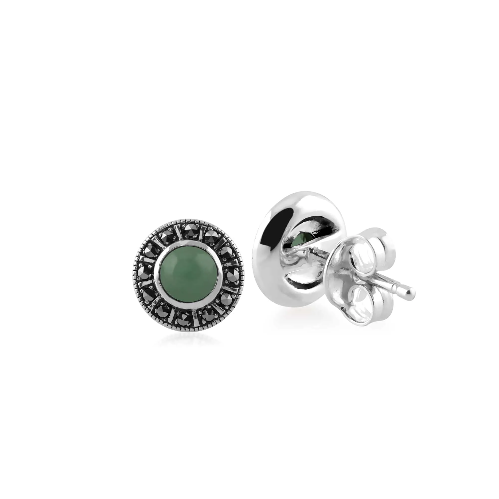 Art Deco Style Round Green Jade & Marcasite Halo Stud Earrings in 925 Sterling Silver sold by Gemondo Jewellery product image thumbnail 2