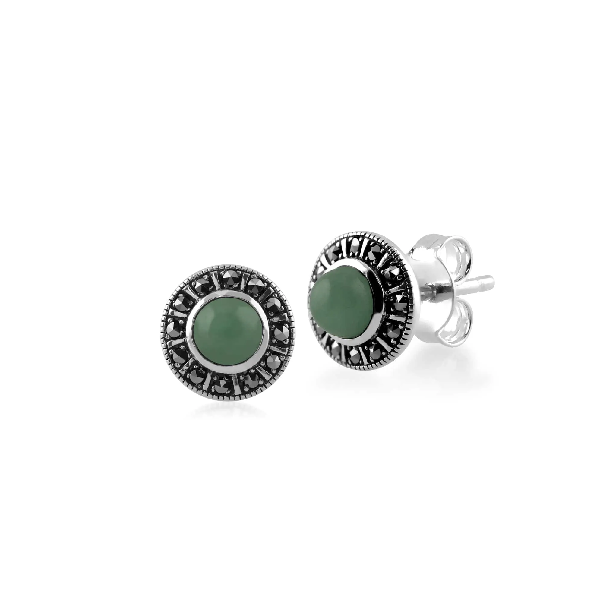 Art Deco Style Round Green Jade & Marcasite Halo Stud Earrings in 925 Sterling Silver sold by Gemondo Jewellery