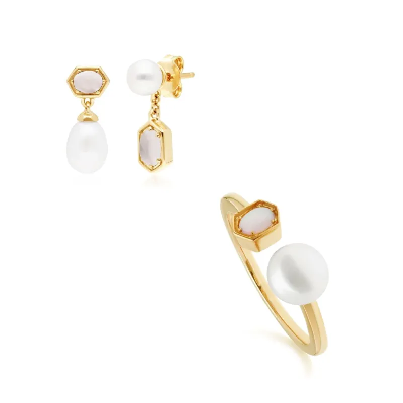 Modern Pearl & Moonstone Earring & Ring Set in Gold Plated Silver sold by Gemondo Jewellery