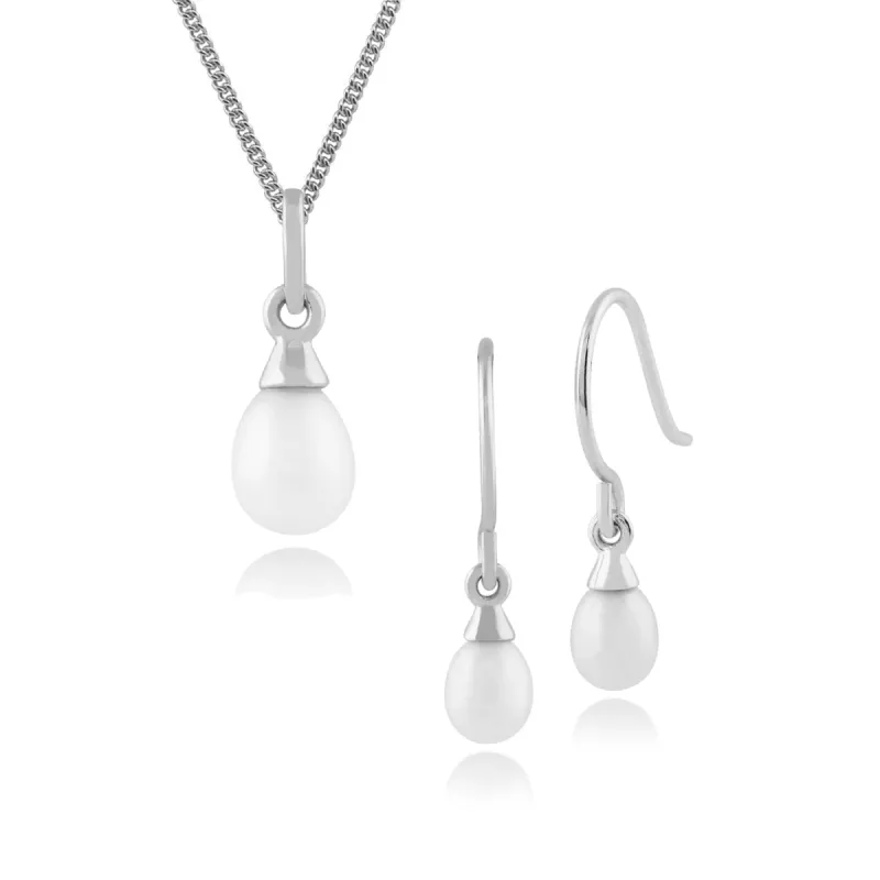 Classic Round Chinese Freshwater Pearl Drop Earrings & Pendant Set in 9ct White Gold sold by Gemondo Jewellery