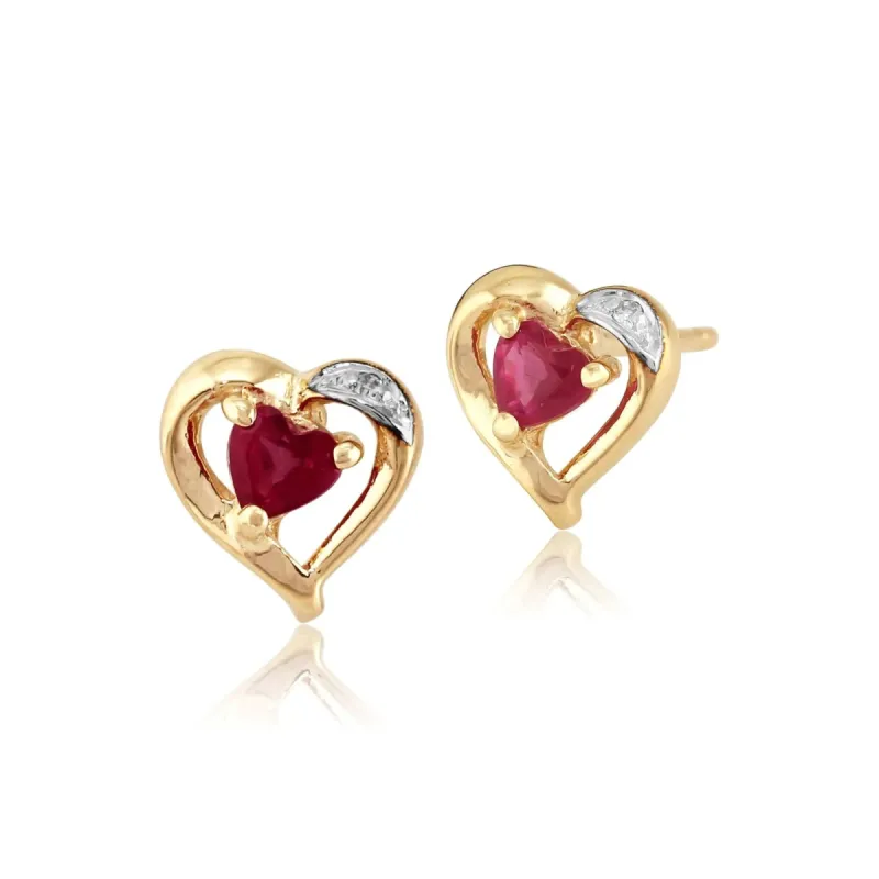 Classic Heart Ruby & Diamond Stud Earrings in 9ct Yellow Gold sold by Gemondo Jewellery