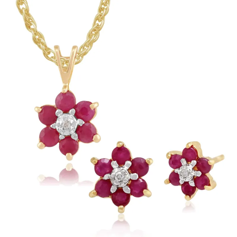 Floral Round Ruby & Diamond Flower Cluster Stud Earrings & Pendant Set in 9ct Yellow Gold sold by Gemondo Jewellery