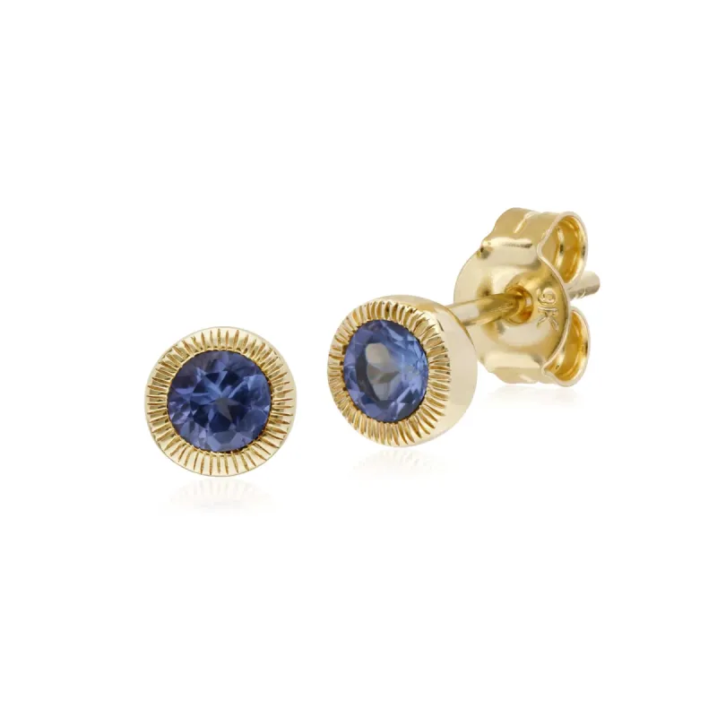 Classic Single Stone Round Tanzanite Milgrain Stud Earrings in 9ct Yellow Gold sold by Gemondo Jewellery