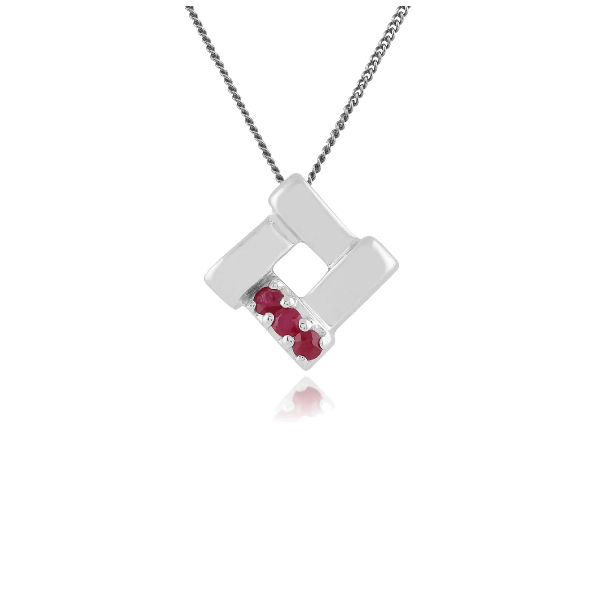 Classic Round Ruby Three Stone Square Crossover Pendant in 925 Sterling Silver sold by Gemondo Jewellery