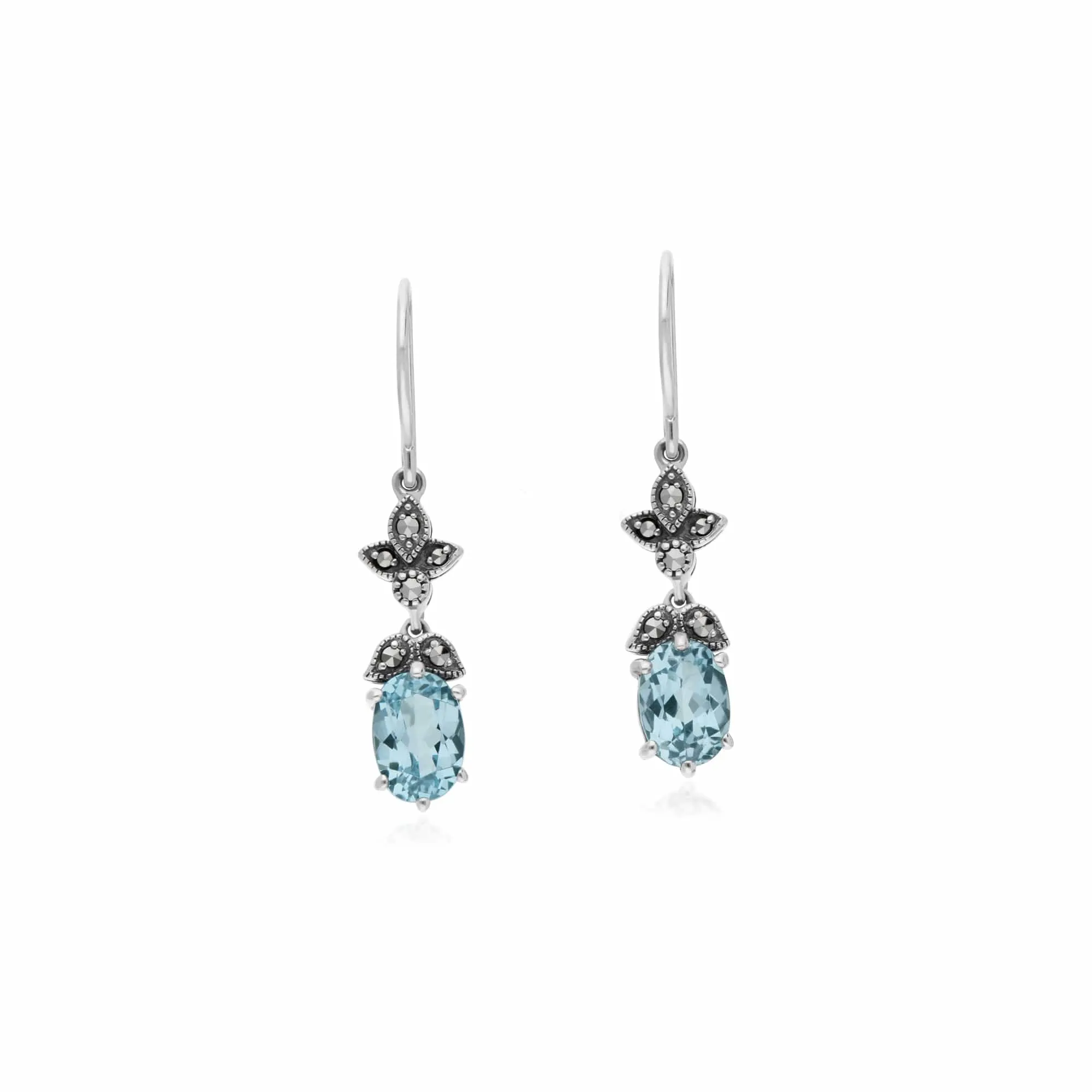 Art Nouveau Style Oval Blue Topaz & Marcasite Drop Earrings in 925 Sterling Silver sold by Gemondo Jewellery