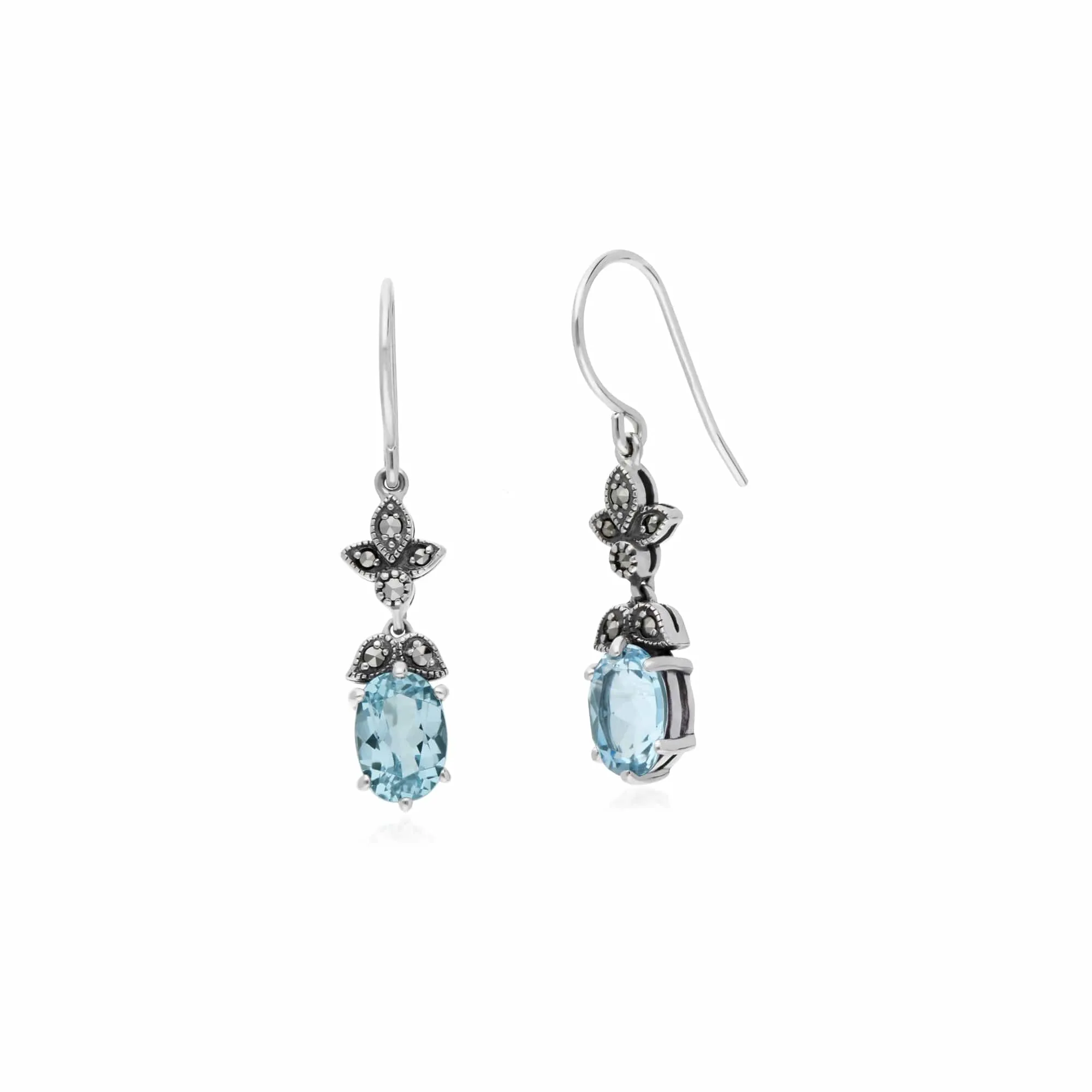 Art Nouveau Style Oval Blue Topaz & Marcasite Drop Earrings in 925 Sterling Silver sold by Gemondo Jewellery product image thumbnail 2