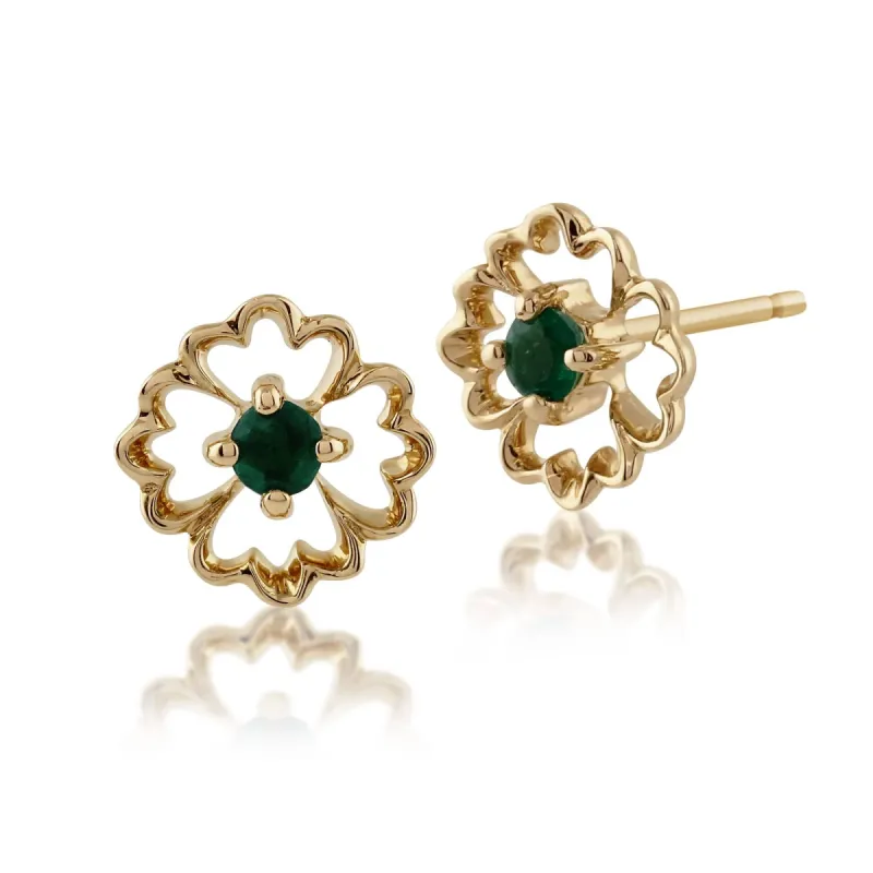 Floral Round Emerald Stud Earrings in 9ct Yellow Gold sold by Gemondo Jewellery
