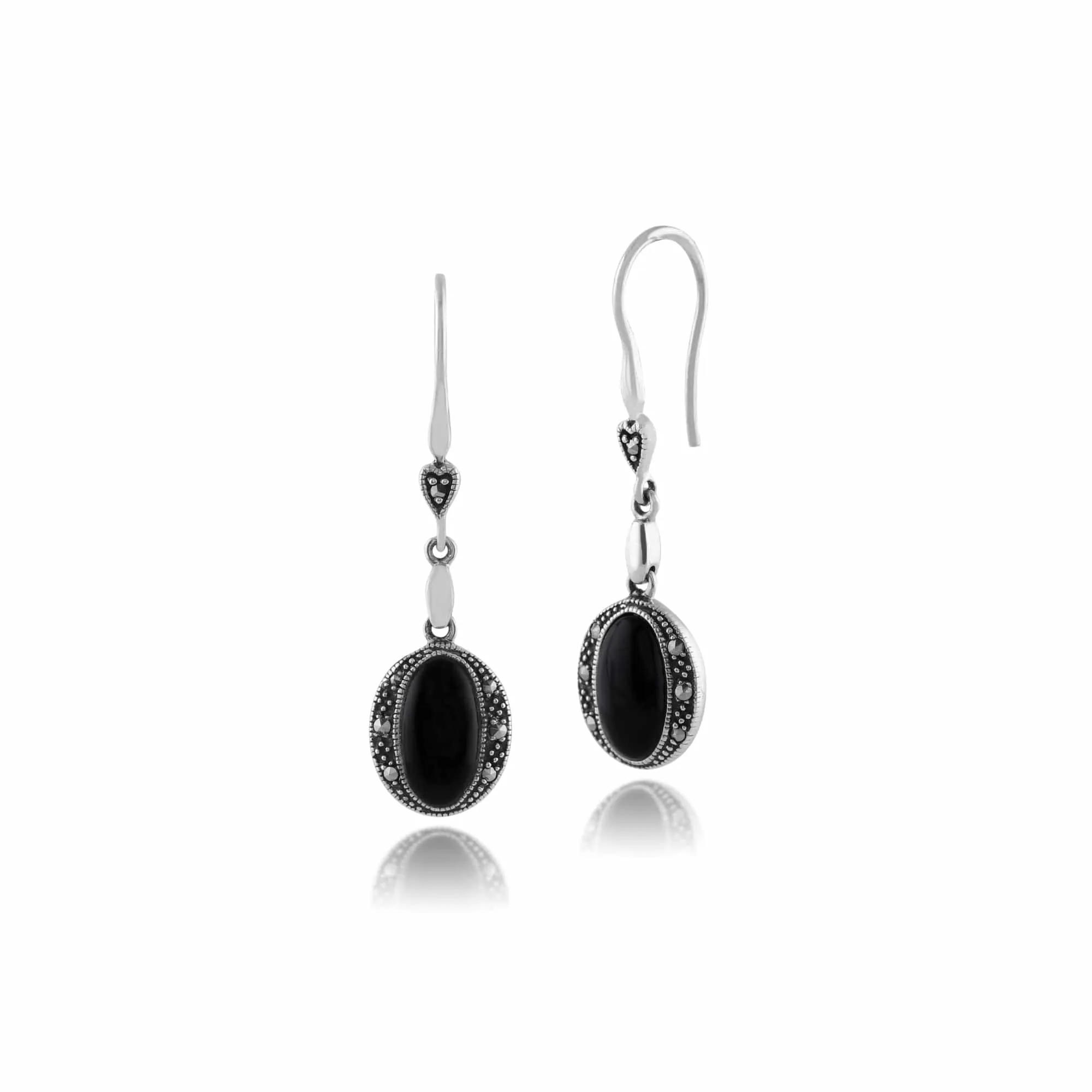 Art Deco Style Oval Black Onyx & Marcasite Drop Earrings in 925 Sterling Silver sold by Gemondo Jewellery