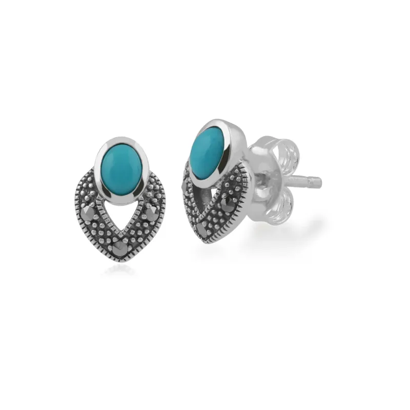 Art Deco Style Oval Turquoise & Marcasite Stud Earrings in 925 Sterling Silver sold by Gemondo Jewellery