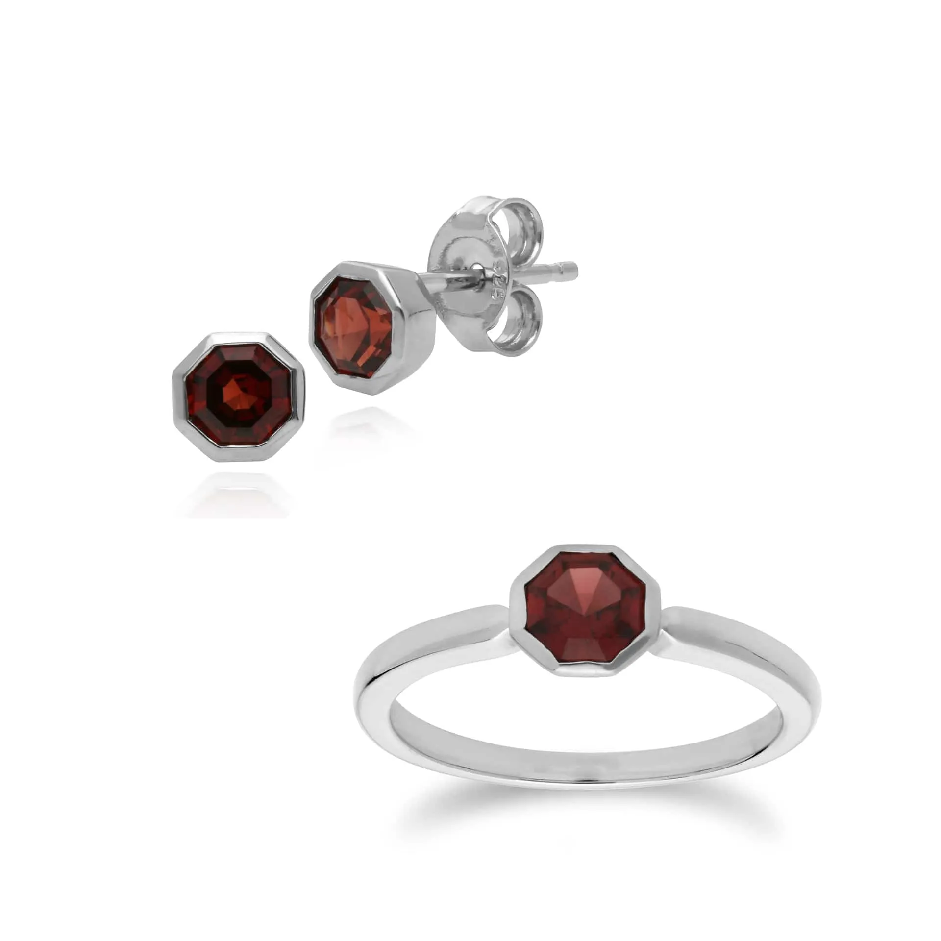Geometric Octagon Garnet Bezel Stud Earrings & Ring Set in 925 Sterling Silver sold by Gemondo Jewellery