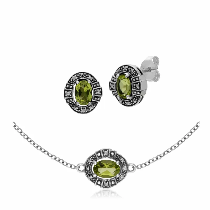 Art Deco Style Oval Peridot and Marcasite Cluster Stud Earrings & Bracelet Set in 925 Sterling Silver sold by Gemondo Jewellery