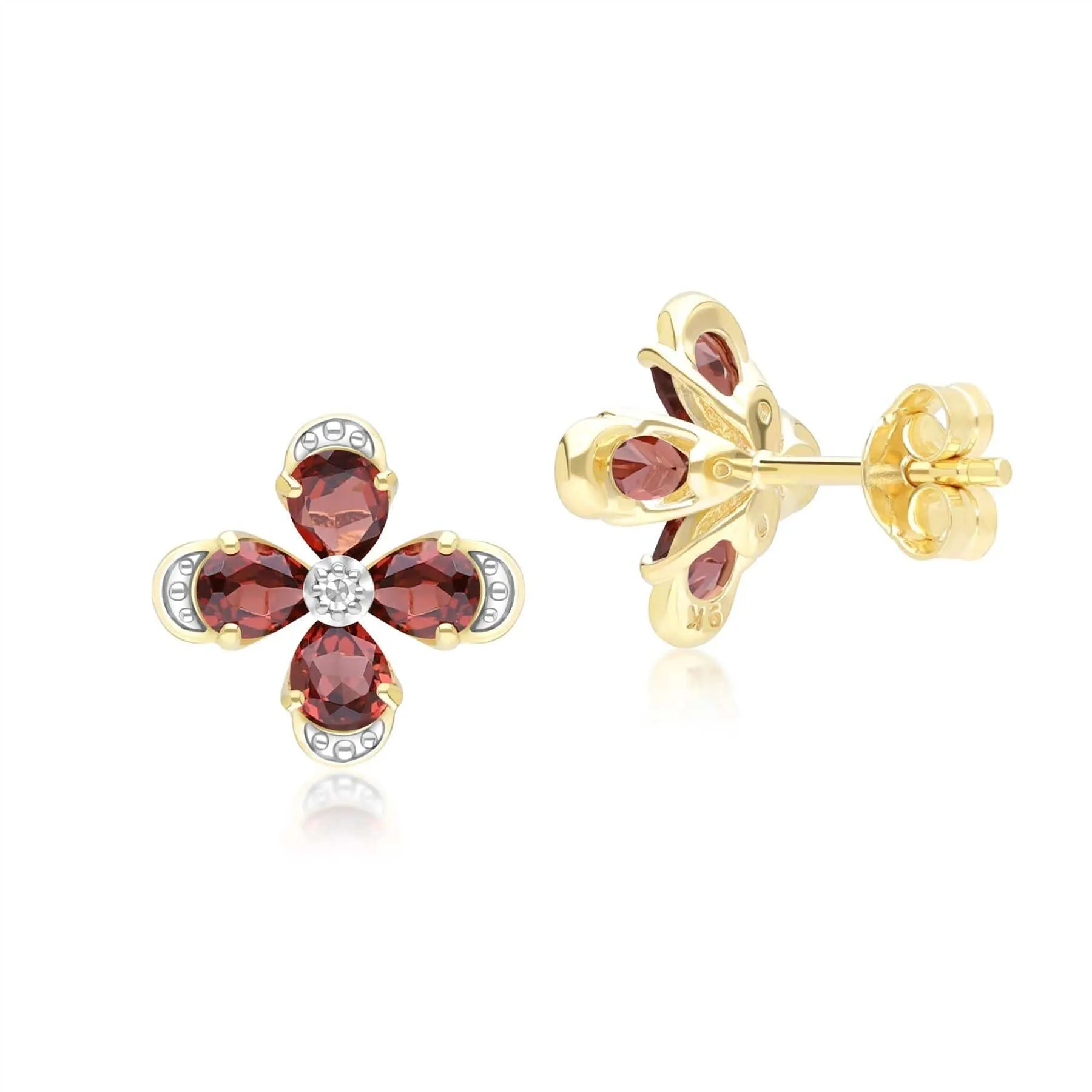 Floral Garnet & Diamond Stud Earrings in 9ct Yellow Gold sold by Gemondo Jewellery product image thumbnail 3