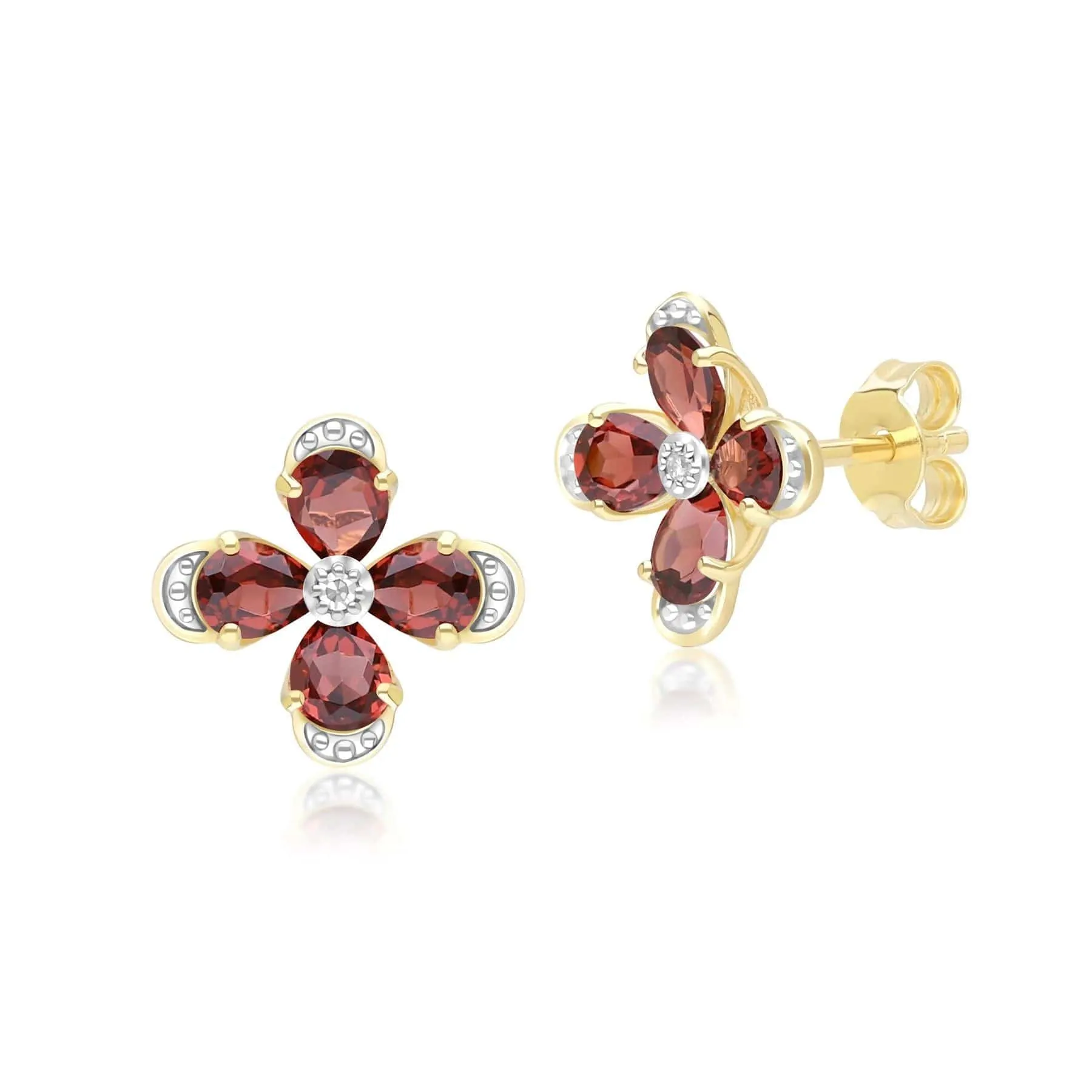 Floral Garnet & Diamond Stud Earrings in 9ct Yellow Gold sold by Gemondo Jewellery