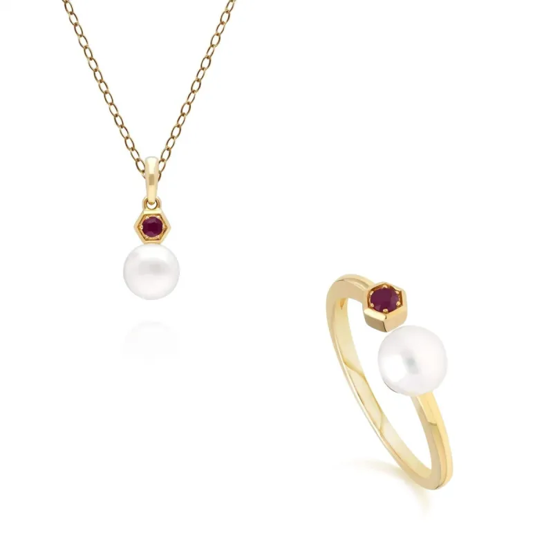 Modern Pearl & Ruby Ring & Pendant Set in 9ct Gold sold by Gemondo Jewellery