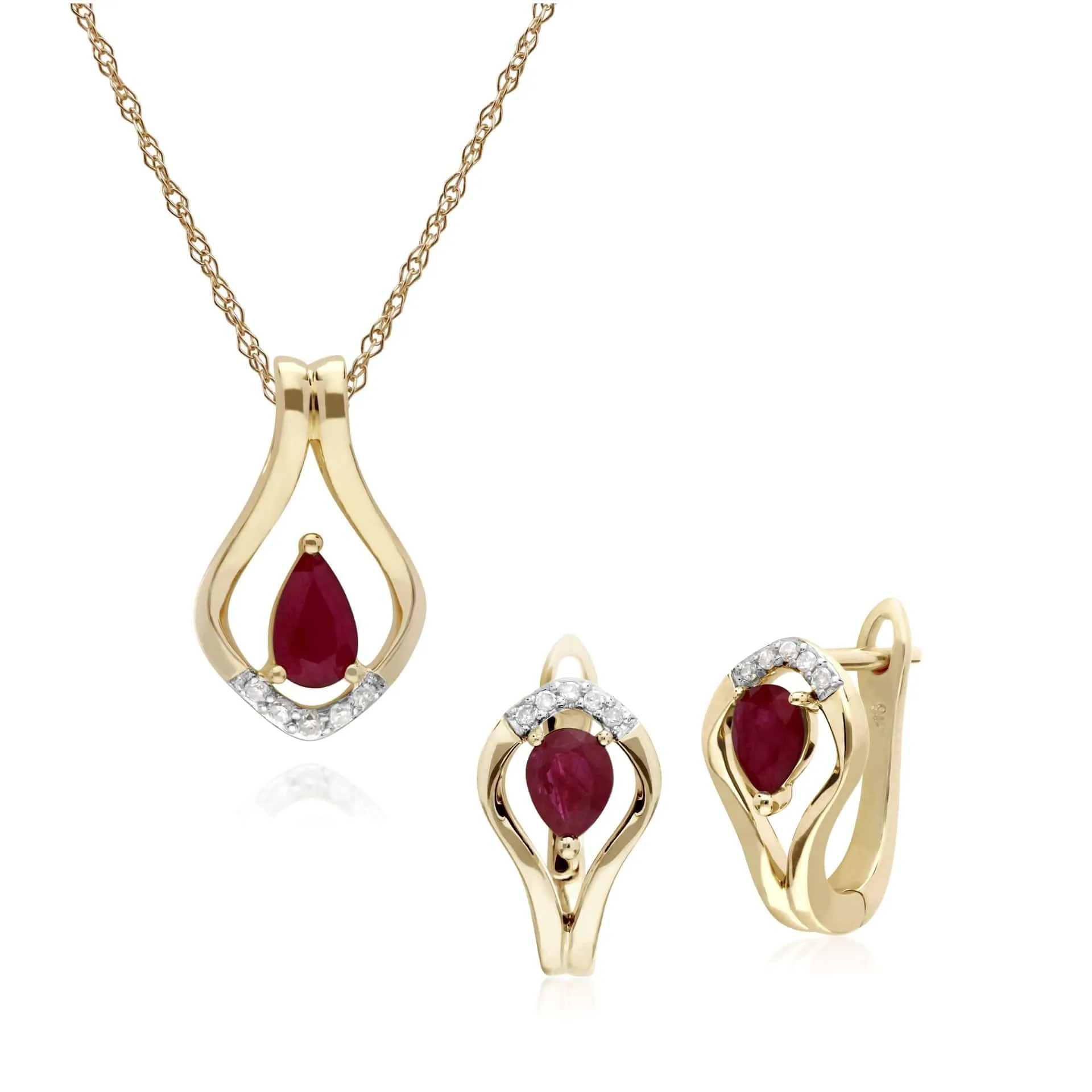 Classic Oval Ruby & Diamond Leaf Lever back Earrings & Pendant Set in 9ct Yellow Gold sold by Gemondo Jewellery