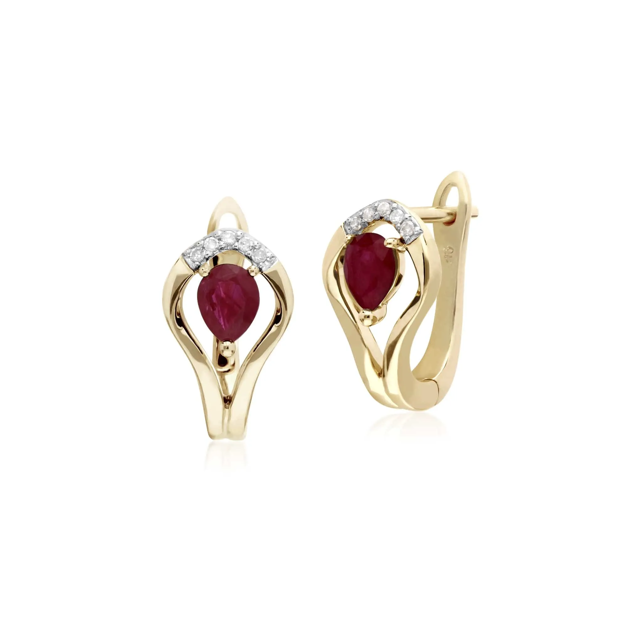 Classic Oval Ruby & Diamond Leaf Lever back Earrings & Pendant Set in 9ct Yellow Gold sold by Gemondo Jewellery product image thumbnail 2