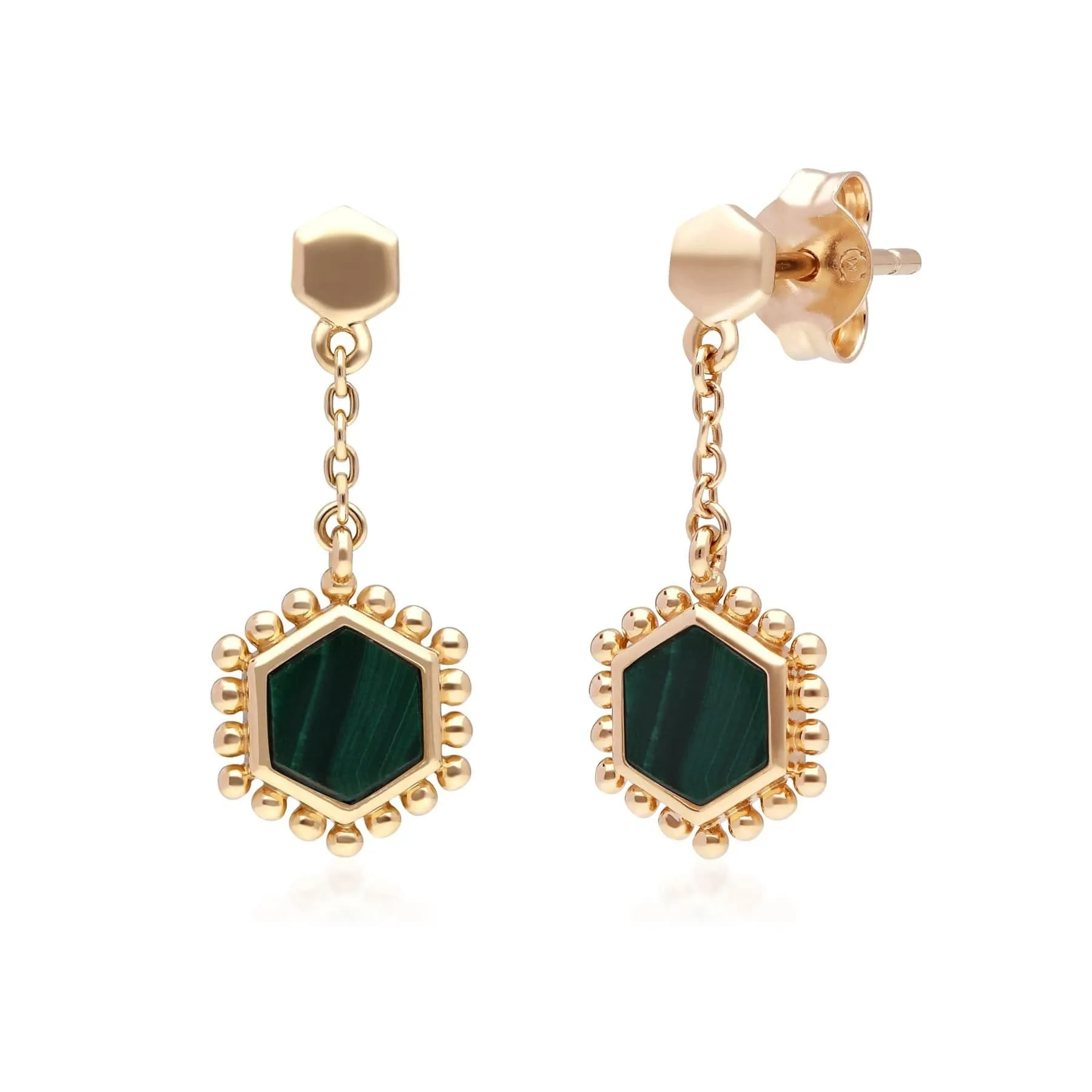Malachite Flat Slice Hex Drop Earrings in Gold Plated Sterling Silver sold by Gemondo Jewellery