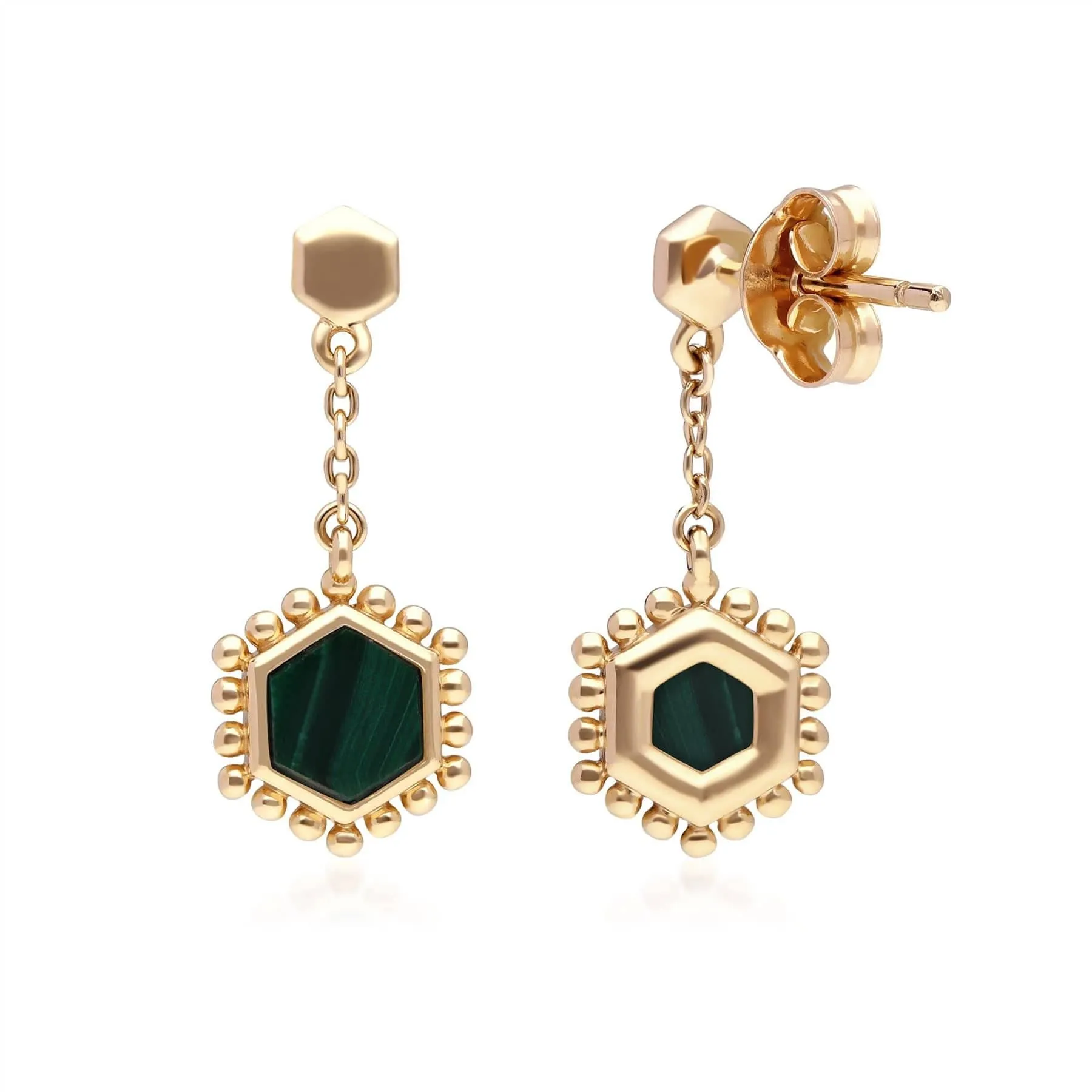 Malachite Flat Slice Hex Drop Earrings in Gold Plated Sterling Silver sold by Gemondo Jewellery product image thumbnail 2