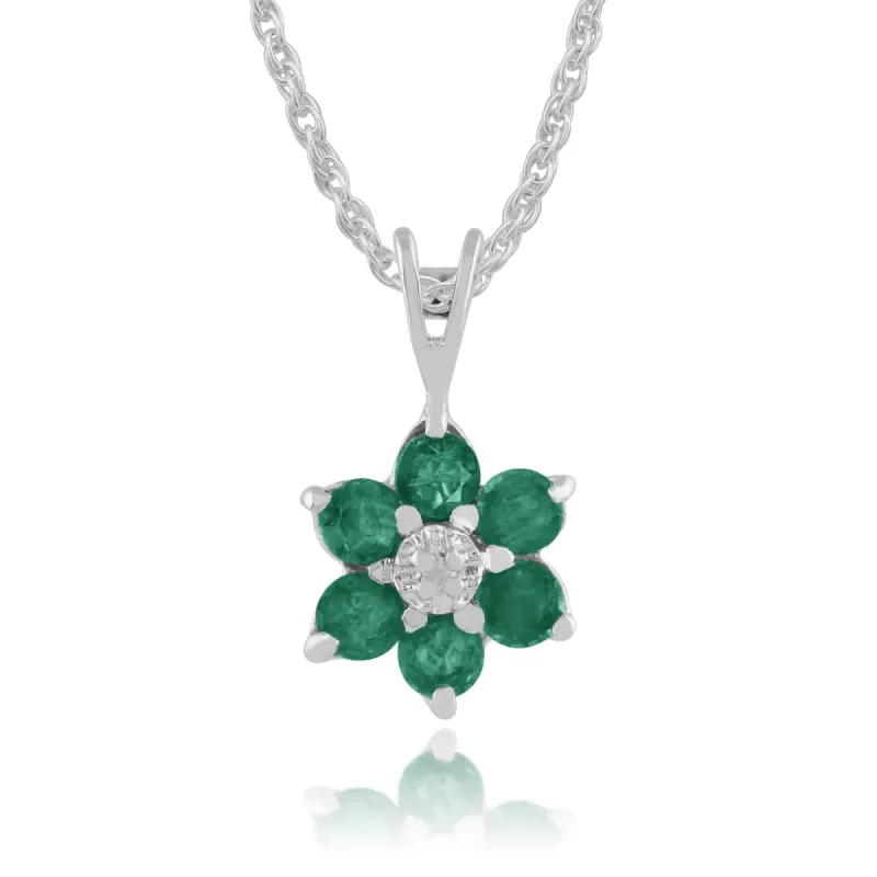 Floral Round Emerald & Diamond Cluster Pendant in 9ct White Gold sold by Gemondo Jewellery