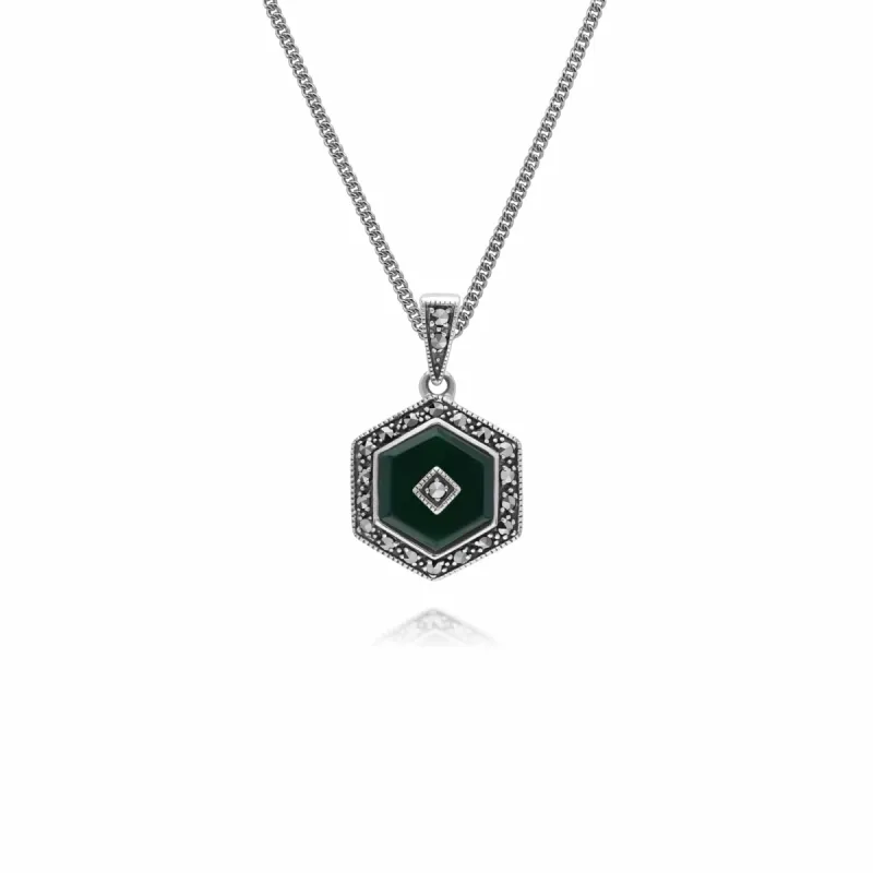Art Deco Style Hexagon Dyed Green Chalcedony & Round Marcasite Pendant in 925 Sterling Silver sold by Gemondo Jewellery