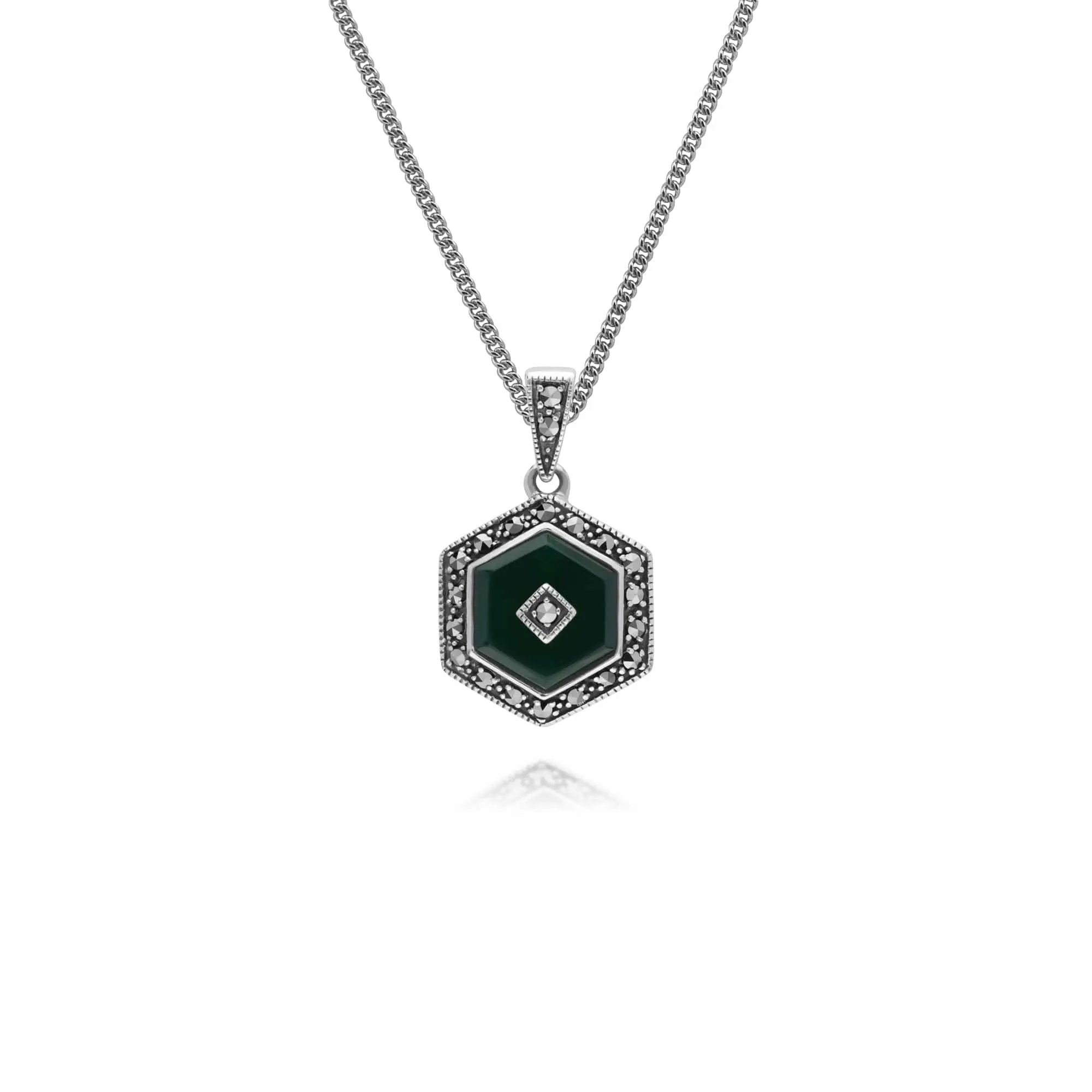 Art Deco Style Hexagon Dyed Green Chalcedony & Round Marcasite Pendant in 925 Sterling Silver sold by Gemondo Jewellery
