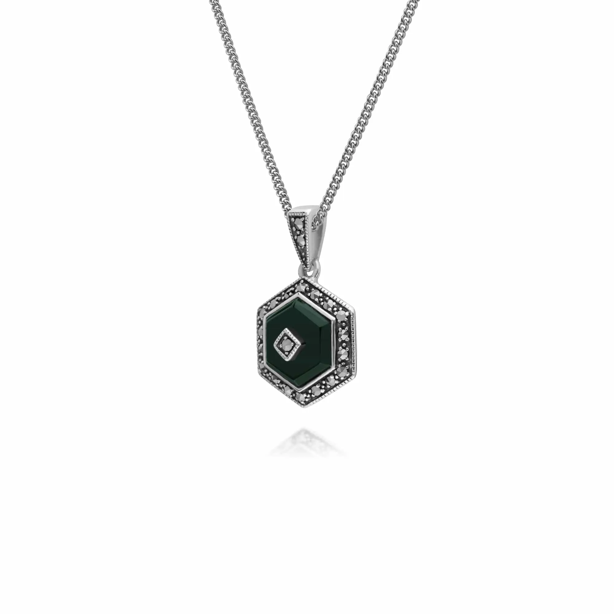 Art Deco Style Hexagon Dyed Green Chalcedony & Round Marcasite Pendant in 925 Sterling Silver sold by Gemondo Jewellery product image thumbnail 2
