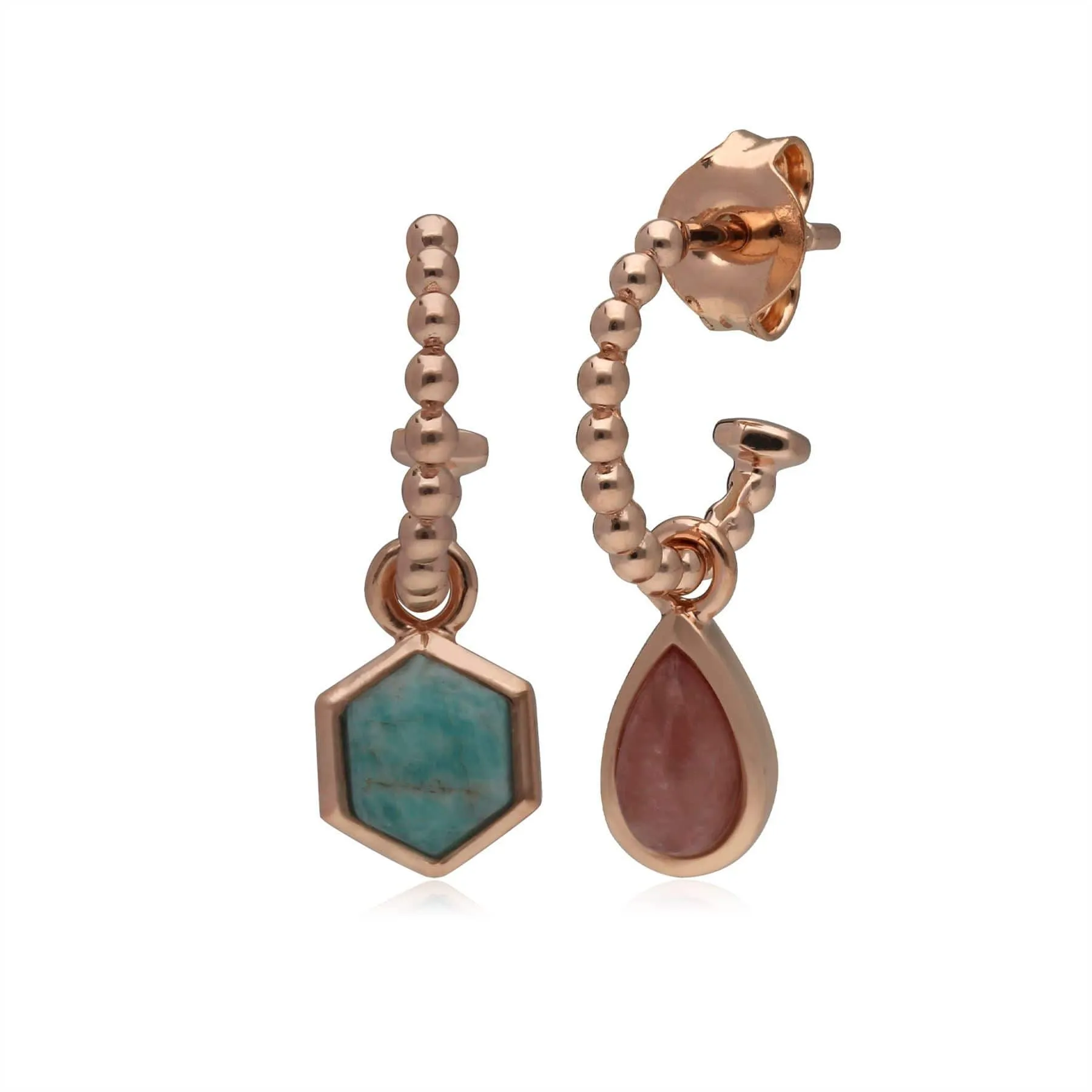 Micro Statement Rhodochrosite & Amazonite Mismatched Hoop Earrings in Rose Gold Plated 925 Sterling Silver sold by Gemondo Jewellery