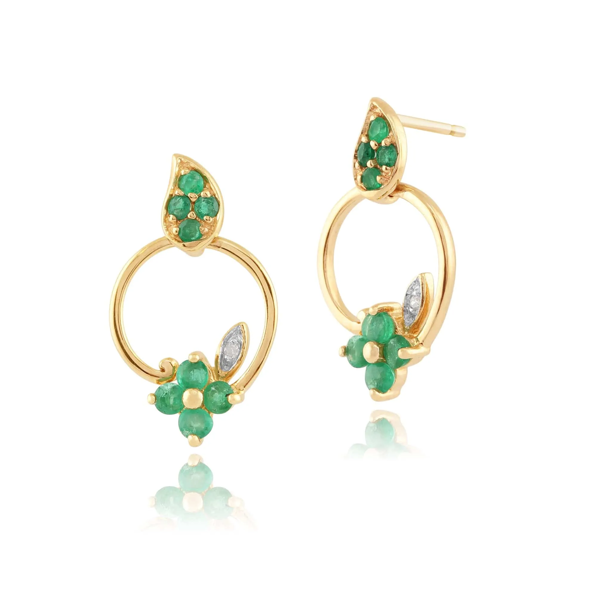 Floral Round Emerald & Diamond Drop Earrings in 9ct Yellow Gold sold by Gemondo Jewellery