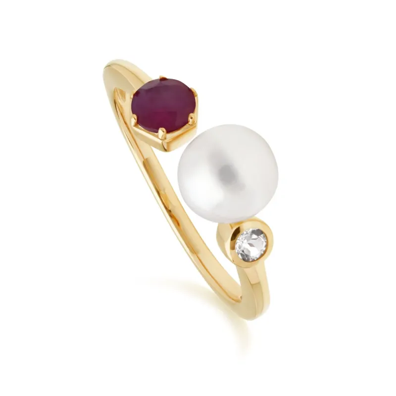 Modern Pearl, Ruby & Topaz Open Ring in Gold Plated Silver sold by Gemondo Jewellery
