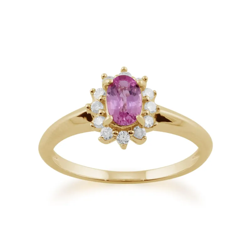 Classic Oval Pink Sapphire & Diamond Cluster Ring in 9ct Yellow Gold sold by Gemondo Jewellery