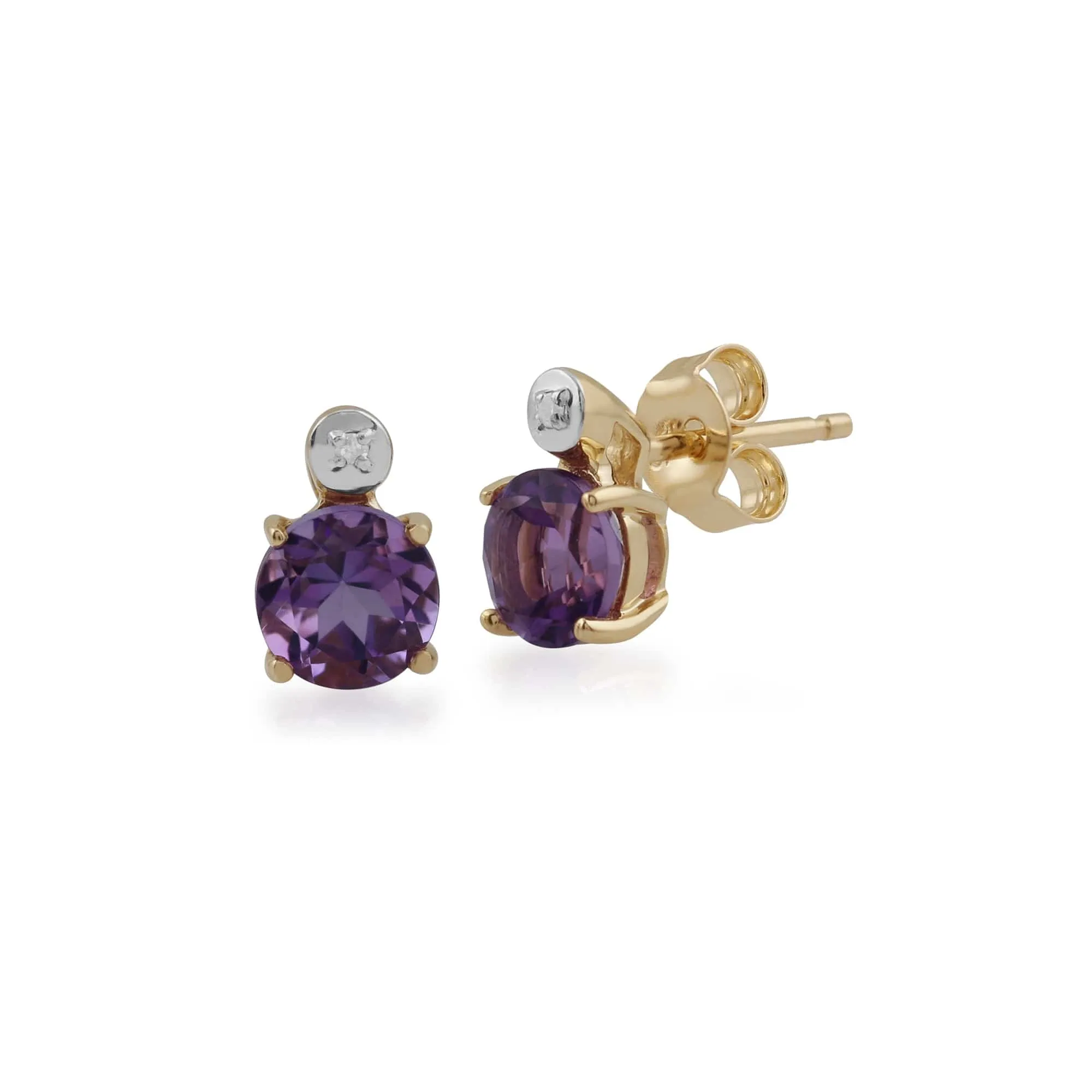Classic Round Amethyst & Diamond Stud Earrings in 9ct Yellow Gold sold by Gemondo Jewellery