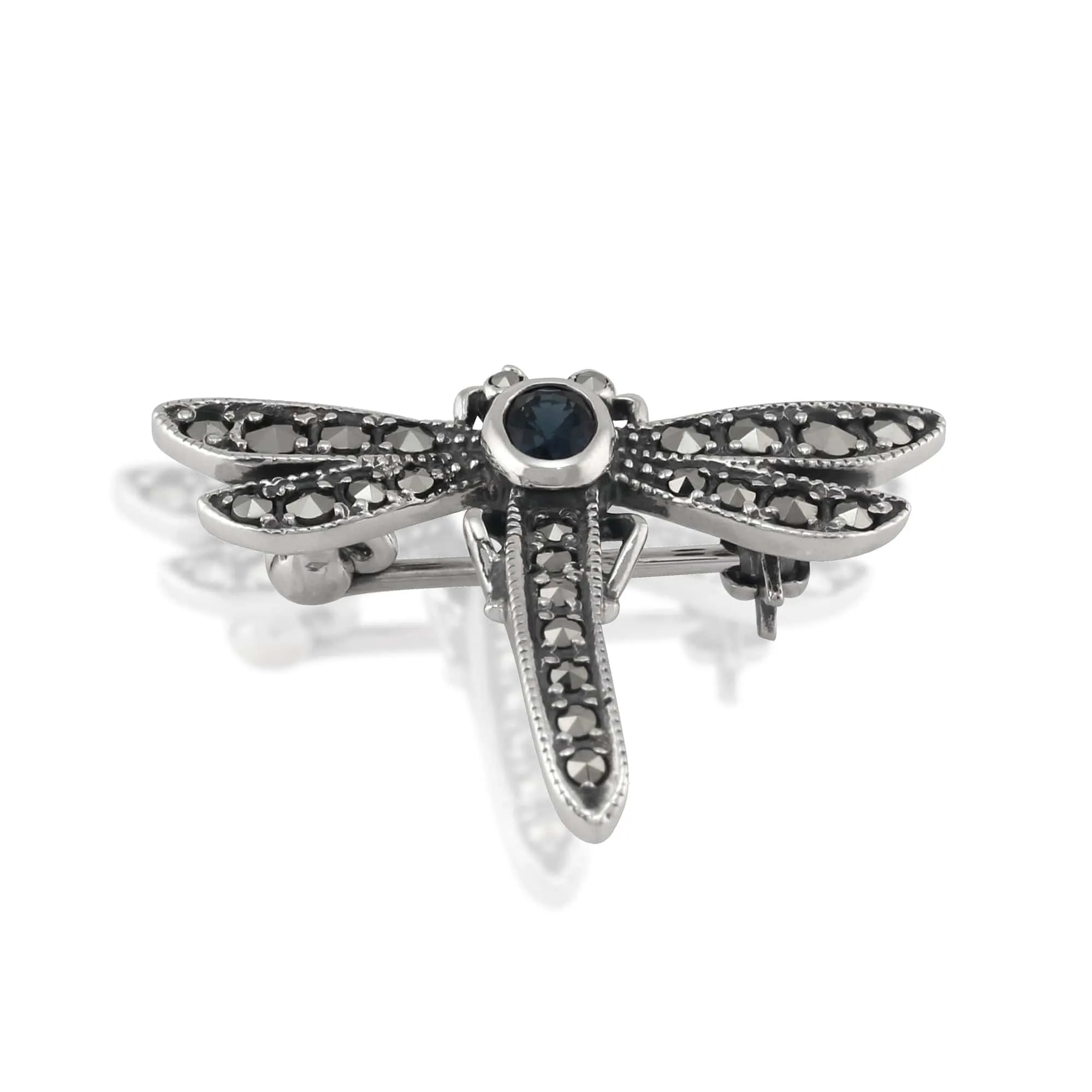 Art Nouveau Style Oval Marcasite & Sapphire Dragonfly Brooch in 925 Sterling Silver sold by Gemondo Jewellery product image thumbnail 2