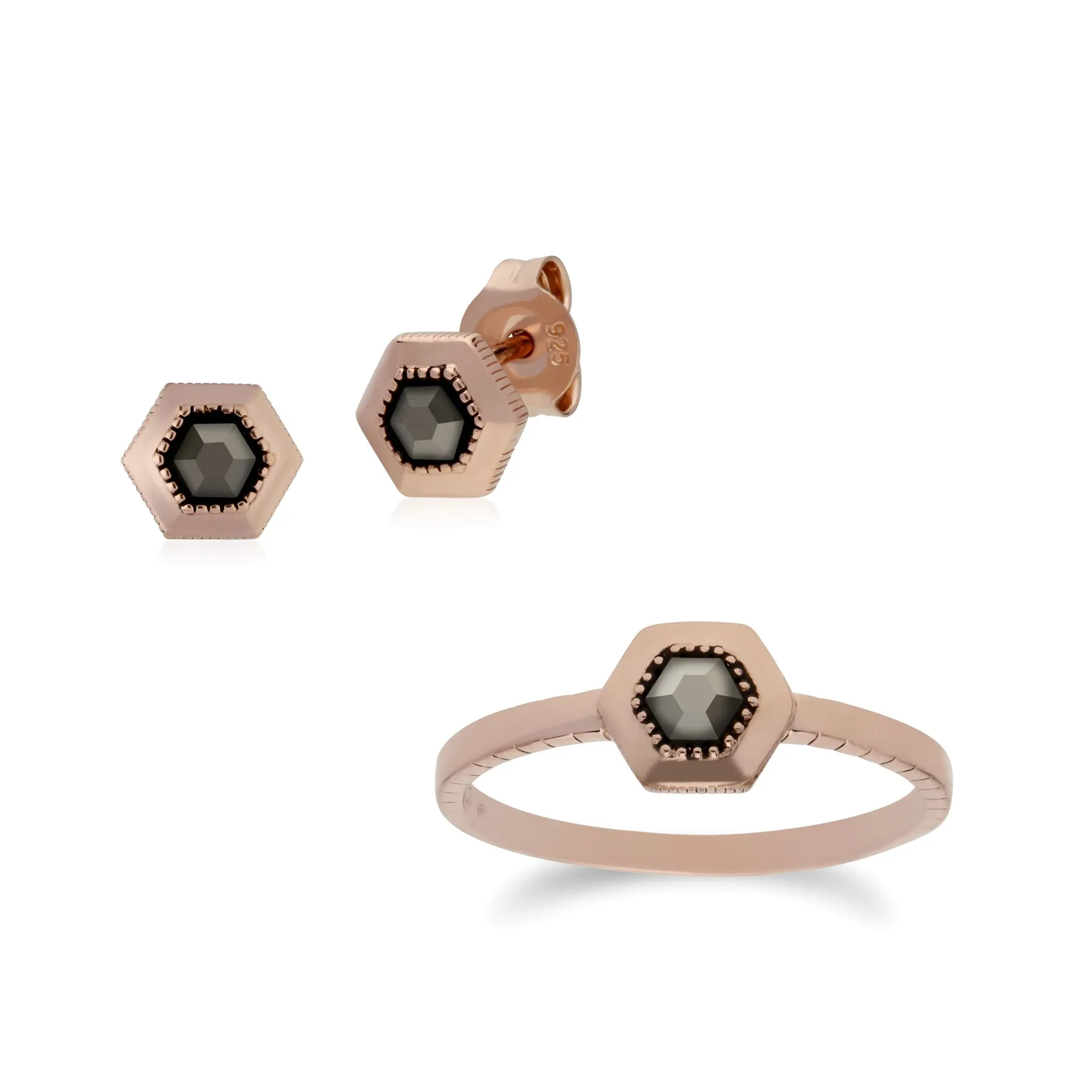 Rose Gold Plated Marcasite Geometric Dotted Stud Earrings & Ring Set in 925 Sterling Silver sold by Gemondo Jewellery
