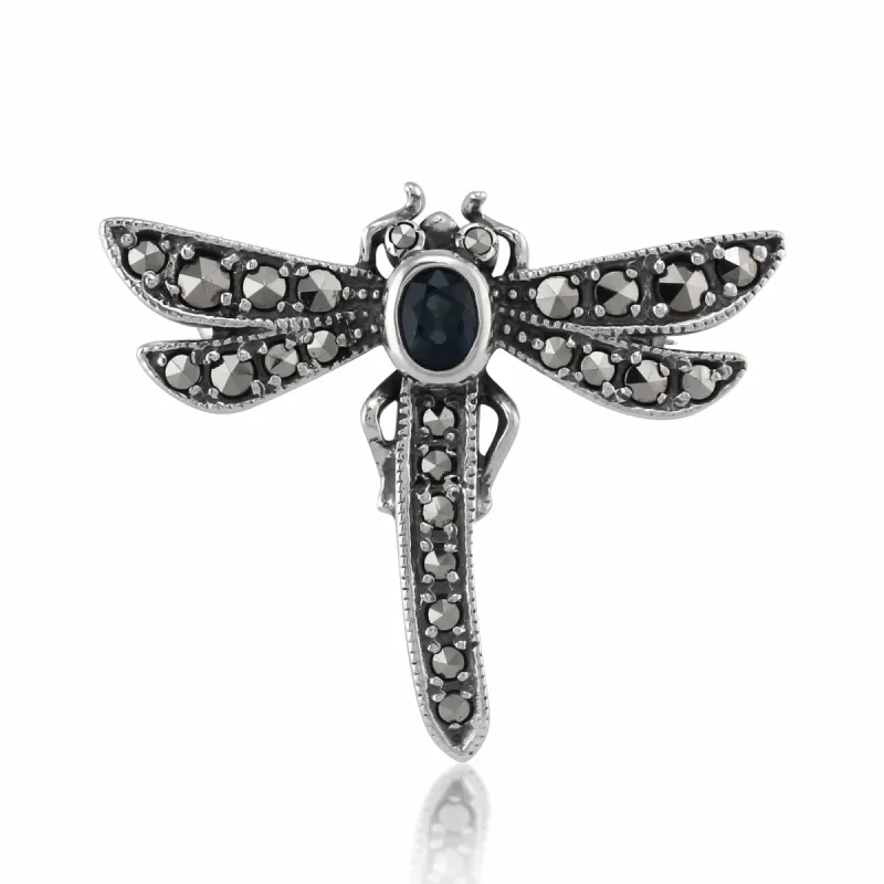 Art Nouveau Style Oval Marcasite & Sapphire Dragonfly Brooch in 925 Sterling Silver sold by Gemondo Jewellery