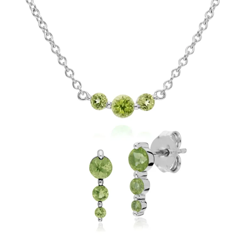 Classic Round Peridot Three Stone Gradient Earrings & Necklace Set in 925 Sterling Silver sold by Gemondo Jewellery
