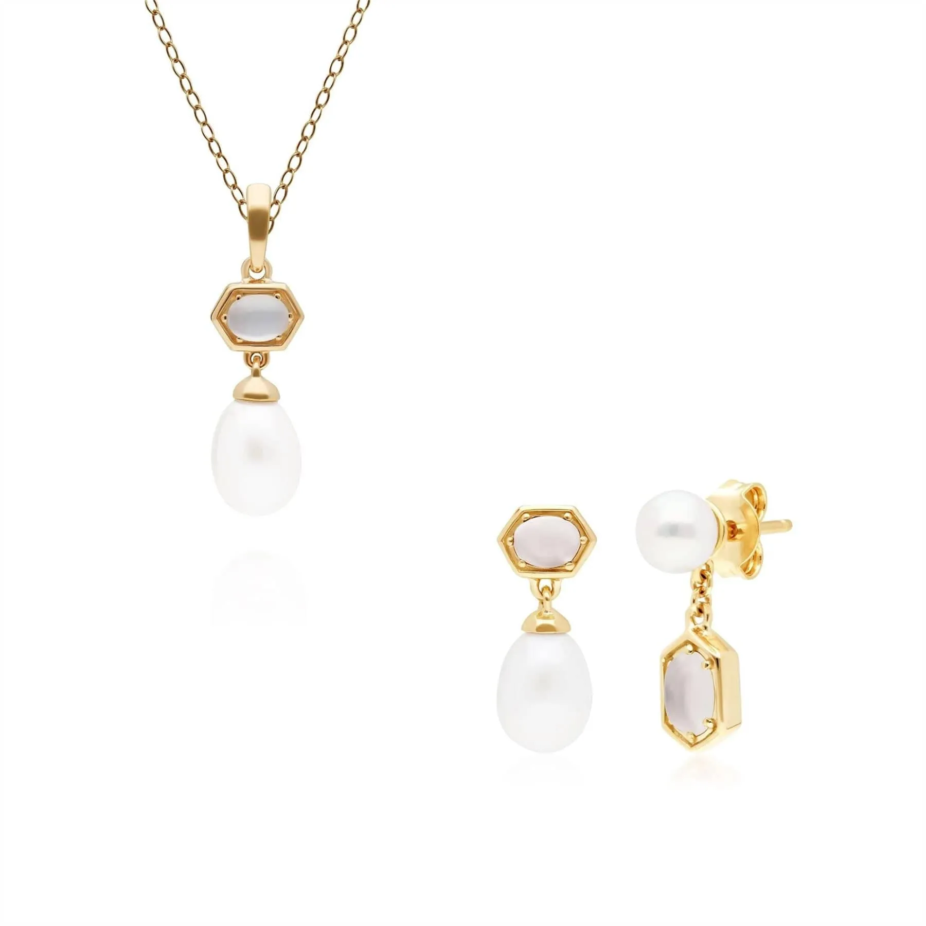 Modern Pearl & Moonstone Pendant & Earring Set in Gold Plated Silver sold by Gemondo Jewellery