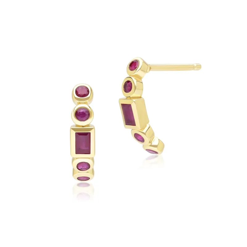 Classic Ruby Half Eternity Hoop Earrings in 9ct Yellow Gold sold by Gemondo Jewellery