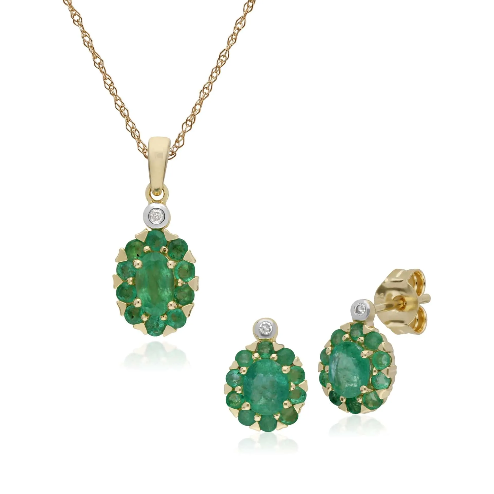 Classic Oval Emerald & Diamond Cluster Stud Earrings & Pendant Set in 9ct Yellow Gold sold by Gemondo Jewellery