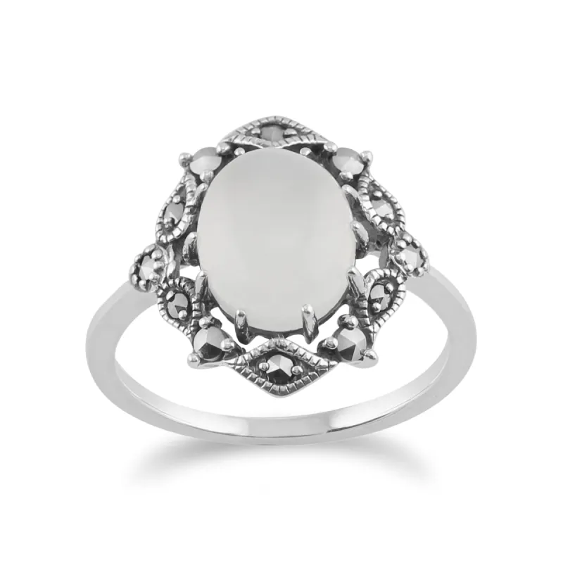 Art Nouveau Style Oval Moonstone Cabochon & Marcasite Statement Ring in 925 Sterling Silver sold by Gemondo Jewellery