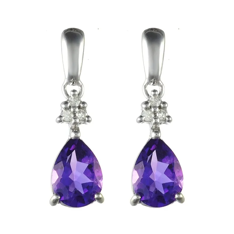 9ct White Gold 1.17ct Natural Amethyst & 3.6pt Diamond Drop Earrings sold by Gemondo Jewellery