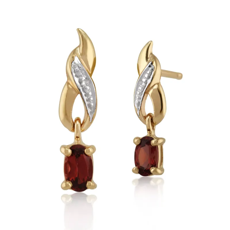Classic Oval Garnet & Diamond Drop Earrings in 9ct Yellow Gold sold by Gemondo Jewellery