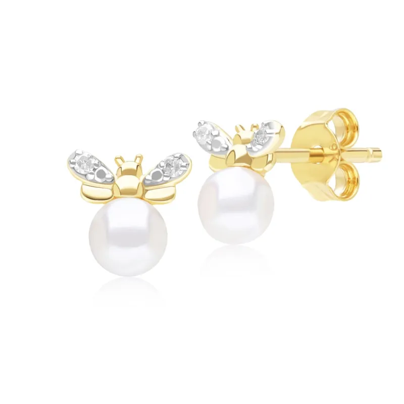 Honeycomb Inspired Pearl and Diamond Bee Stud Earrings in 9ct Yellow Gold sold by Gemondo Jewellery
