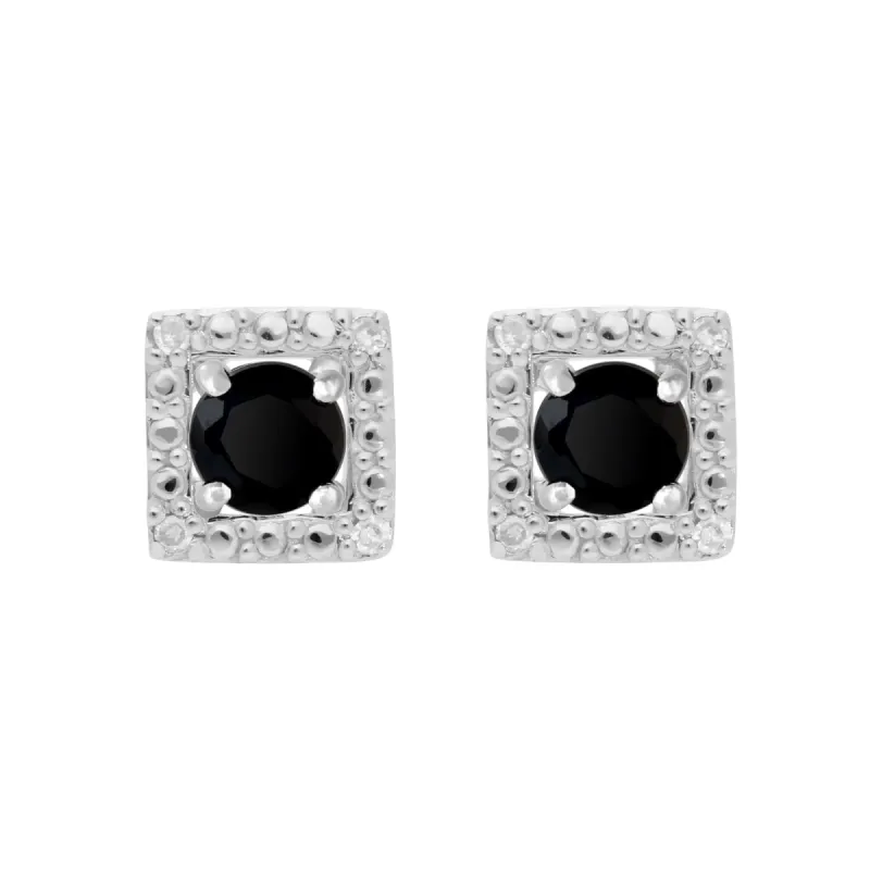 Classic Round Black Onyx Stud Earrings with Detachable Diamond Square Ear Jacket in 9ct White Gold sold by Gemondo Jewellery
