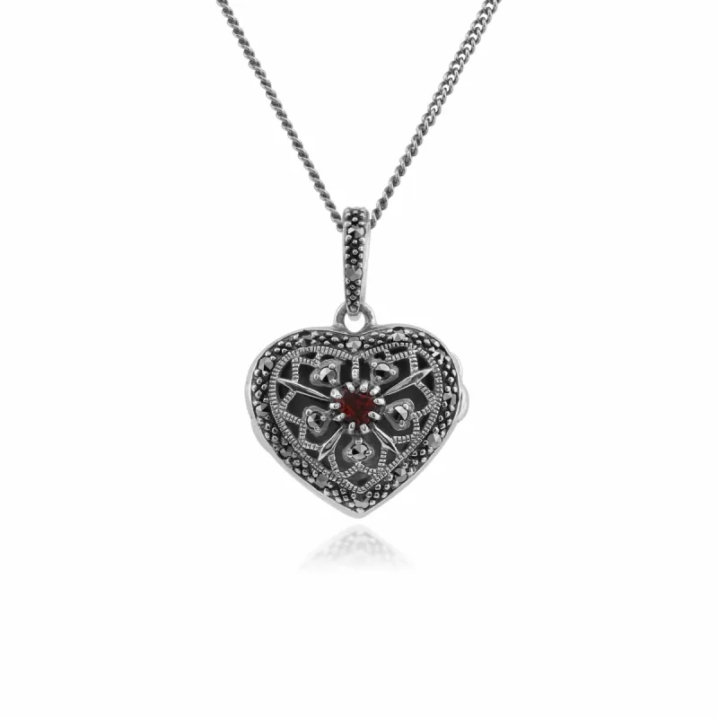 Art Nouveau Style Round Garnet & Marcasite Heart Necklace in 925 Sterling Silver sold by Gemondo Jewellery