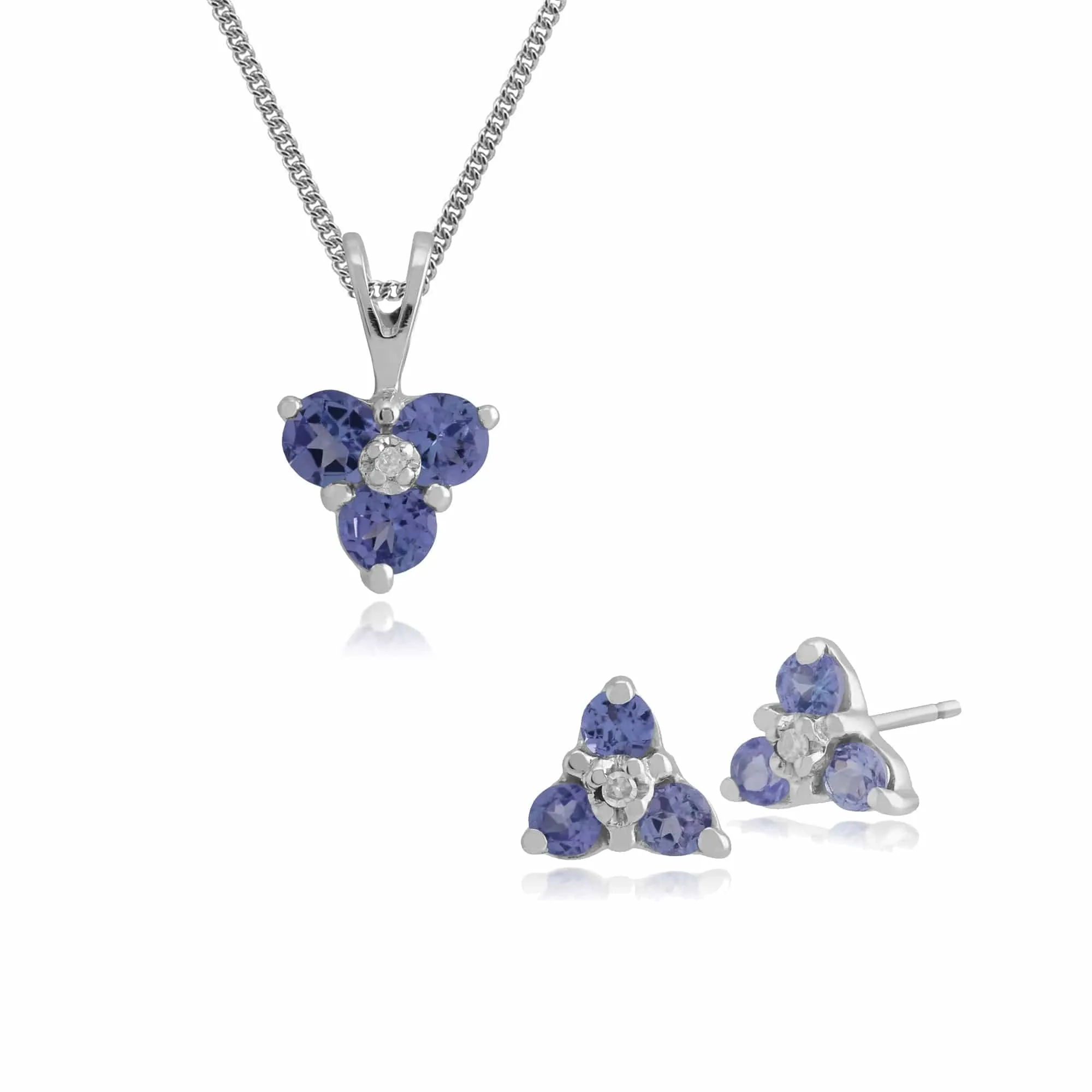 Floral Round Tanzanite & Diamond Flower Stud Earrings & Pendant Set in 9ct White Gold sold by Gemondo Jewellery