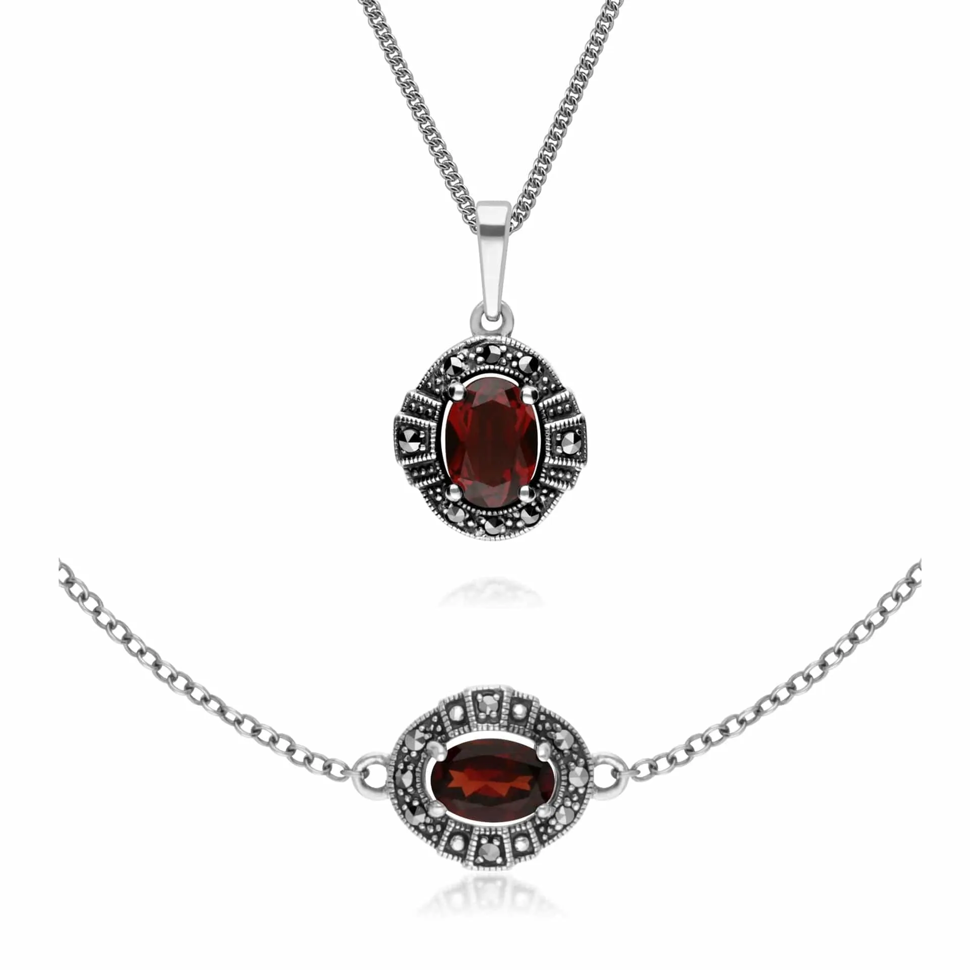 Art Deco Style Oval Garnet and Marcasite Cluster Bracelet & Pendant Set in 925 Sterling Silver sold by Gemondo Jewellery