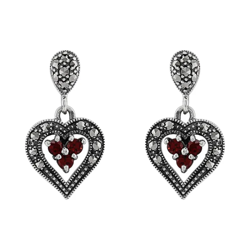 Art Deco Style Round Garnet & Marcasite Heart Earrings in 925 Sterling Silver sold by Gemondo Jewellery